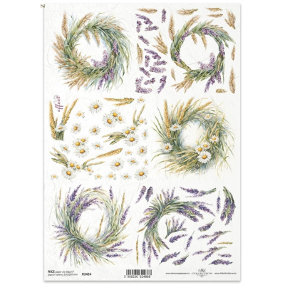Ryžový papier na decoupage, A4, motív levanduľový veniec